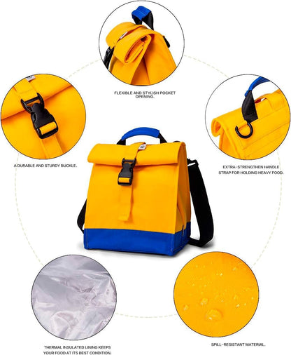 Insulated Lunch Bag Rolltop Lunch Box Tote Lunchbox Bag for Women, Men, Boys and Girls (Yellow)