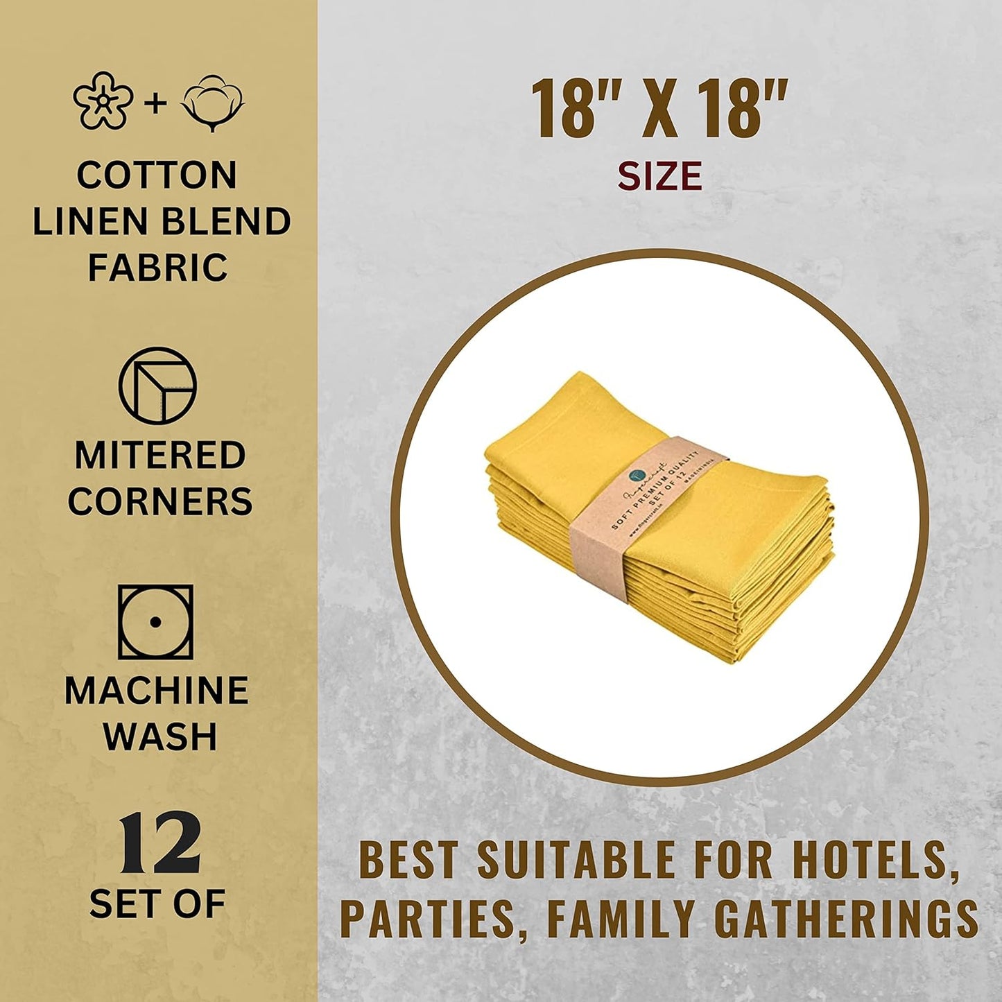 Dinner Cloth Napkin Cotton Linen Blend 12 Pack Natural Premium Quality Mitered Corner Every Day Wedding Christmas Pre Shrunk & Good Absorbency 18x18 inch Yellow