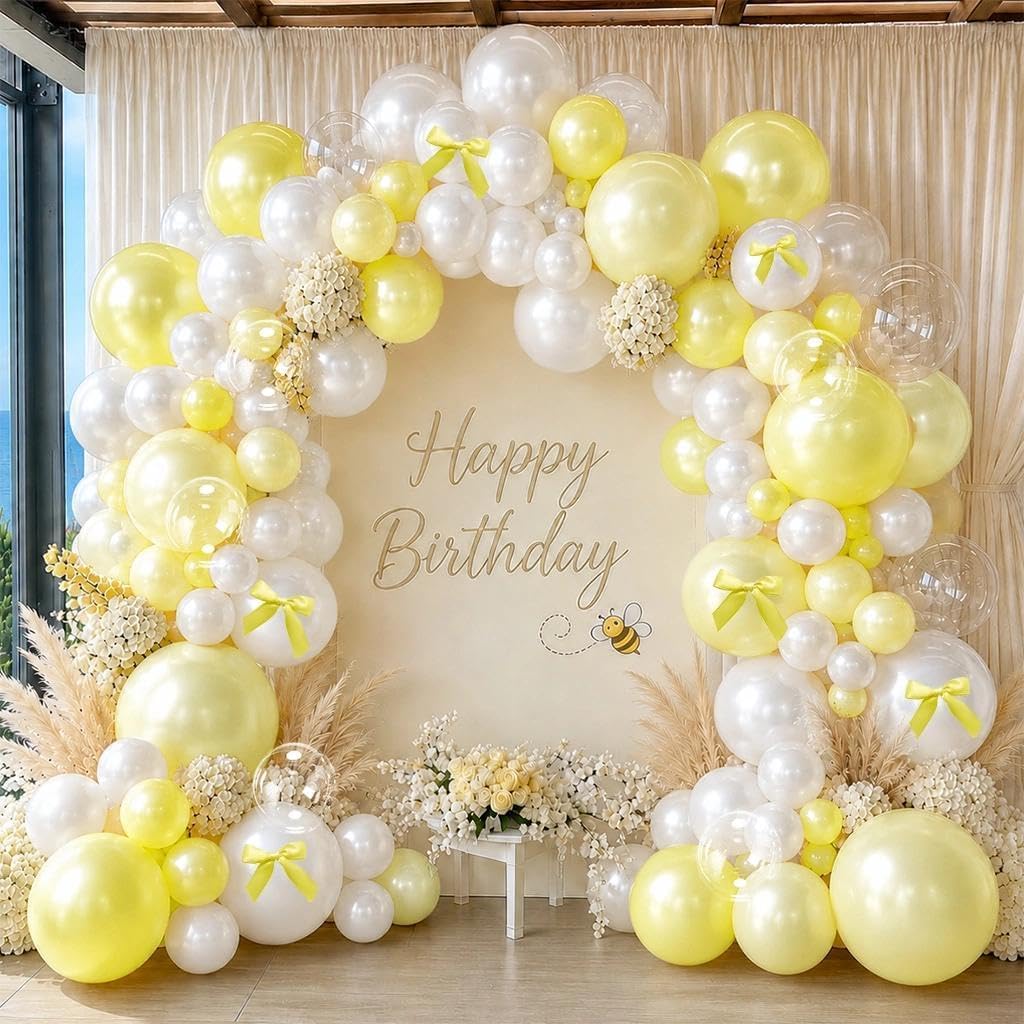 Double Stuffed Yellow White Pearl Balloon Garland | Light Yellow Bobo Balloon Arch with Bow for Bee Baby Shower Birthday Bridal Wedding Summer Lemon Duck Party Decorations