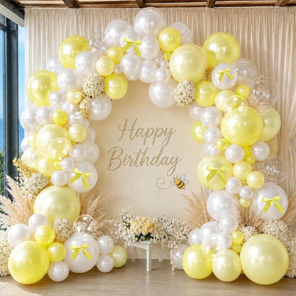 Double Stuffed Yellow White Pearl Balloon Garland | Light Yellow Bobo Balloon Arch with Bow for Bee Baby Shower Birthday Bridal Wedding Summer Lemon Duck Party Decorations