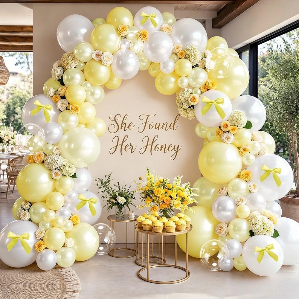 Double Stuffed Yellow White Pearl Balloon Garland | Light Yellow Bobo Balloon Arch with Bow for Bee Baby Shower Birthday Bridal Wedding Summer Lemon Duck Party Decorations