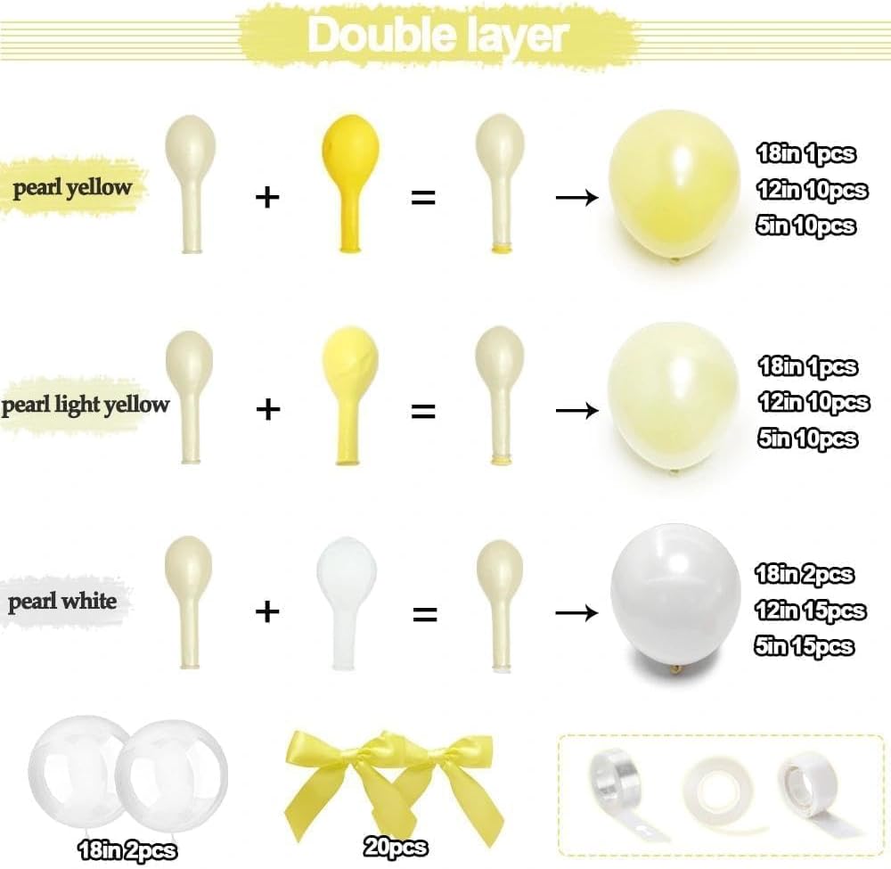 Double Stuffed Yellow White Pearl Balloon Garland | Light Yellow Bobo Balloon Arch with Bow for Bee Baby Shower Birthday Bridal Wedding Summer Lemon Duck Party Decorations