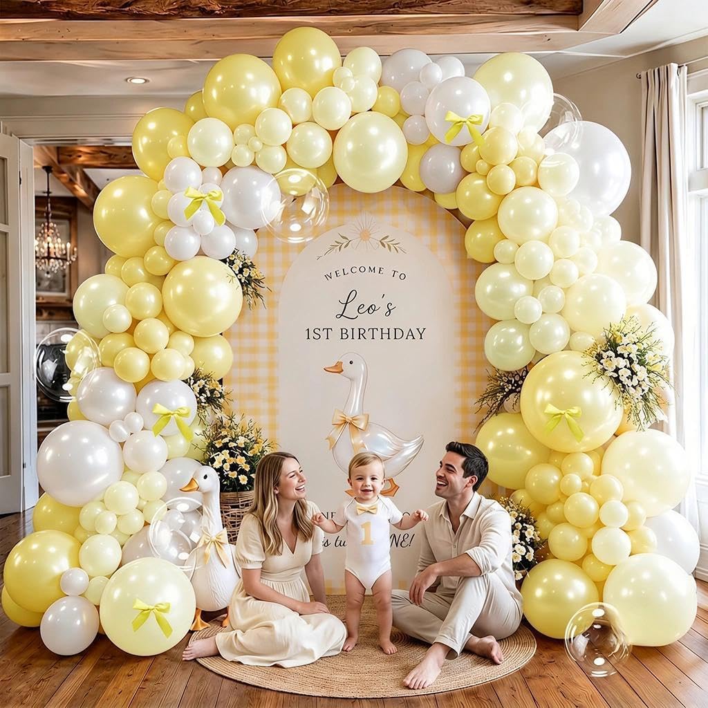 Double Stuffed Yellow White Pearl Balloon Garland | Light Yellow Bobo Balloon Arch with Bow for Bee Baby Shower Birthday Bridal Wedding Summer Lemon Duck Party Decorations