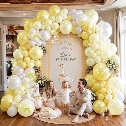 Double Stuffed Yellow White Pearl Balloon Garland | Light Yellow Bobo Balloon Arch with Bow for Bee Baby Shower Birthday Bridal Wedding Summer Lemon Duck Party Decorations