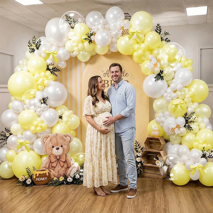 Double Stuffed Yellow White Pearl Balloon Garland | Light Yellow Bobo Balloon Arch with Bow for Bee Baby Shower Birthday Bridal Wedding Summer Lemon Duck Party Decorations