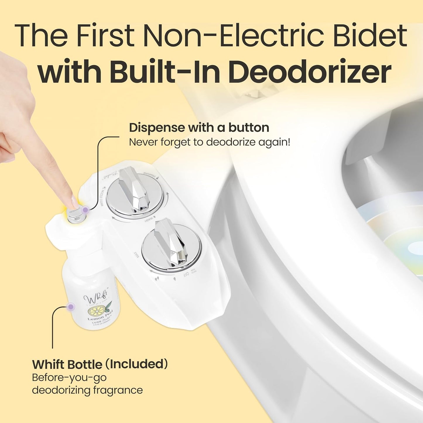 Whift 185 Bidet With Built-In Deodorizing Spray, Non-Electric Cold Water Bidet Attachment For Toilet Seat, Lemon Spray Included, Easy Slide-In Install, Rear & Feminine Wash (Chrome)