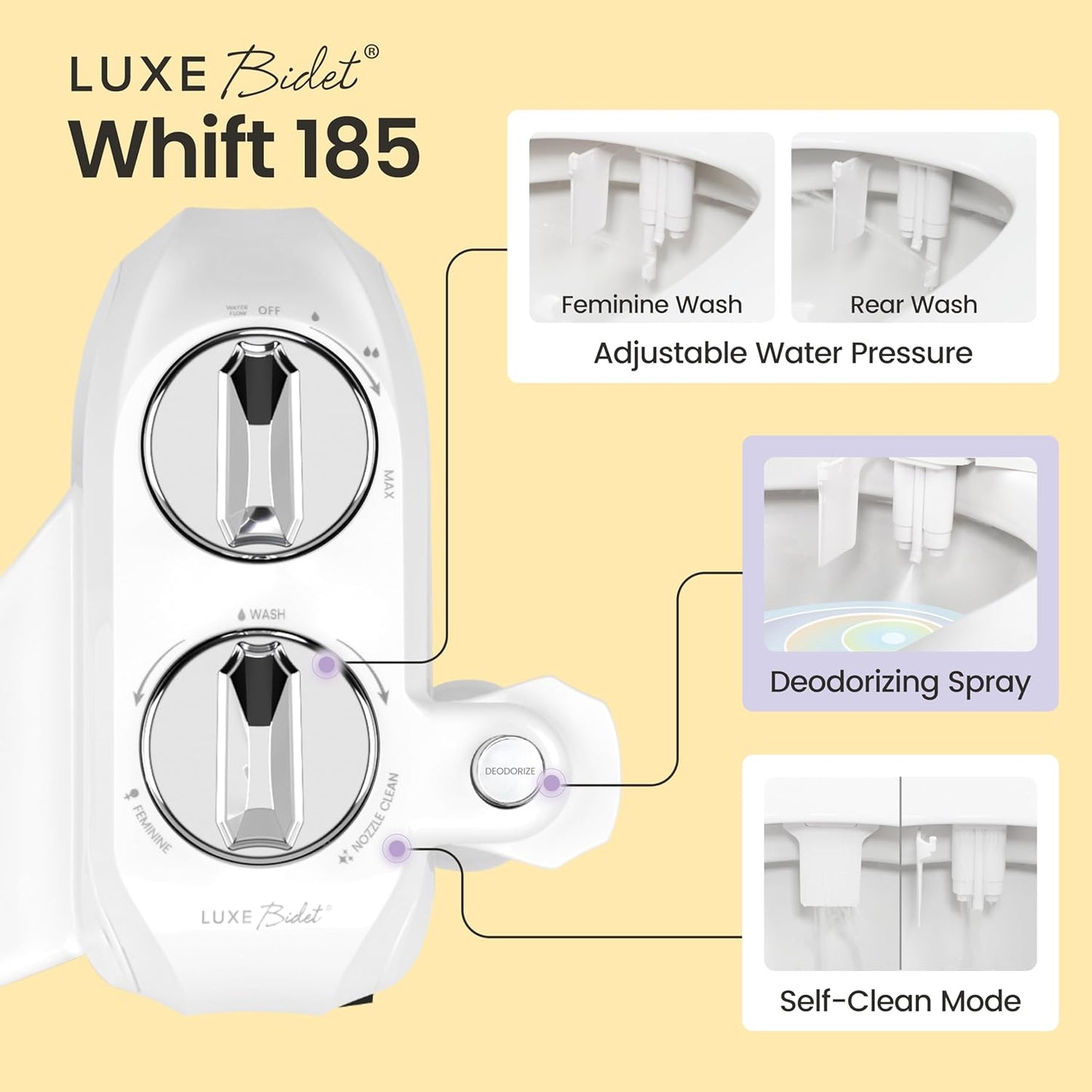 Whift 185 Bidet With Built-In Deodorizing Spray, Non-Electric Cold Water Bidet Attachment For Toilet Seat, Lemon Spray Included, Easy Slide-In Install, Rear & Feminine Wash (Chrome)