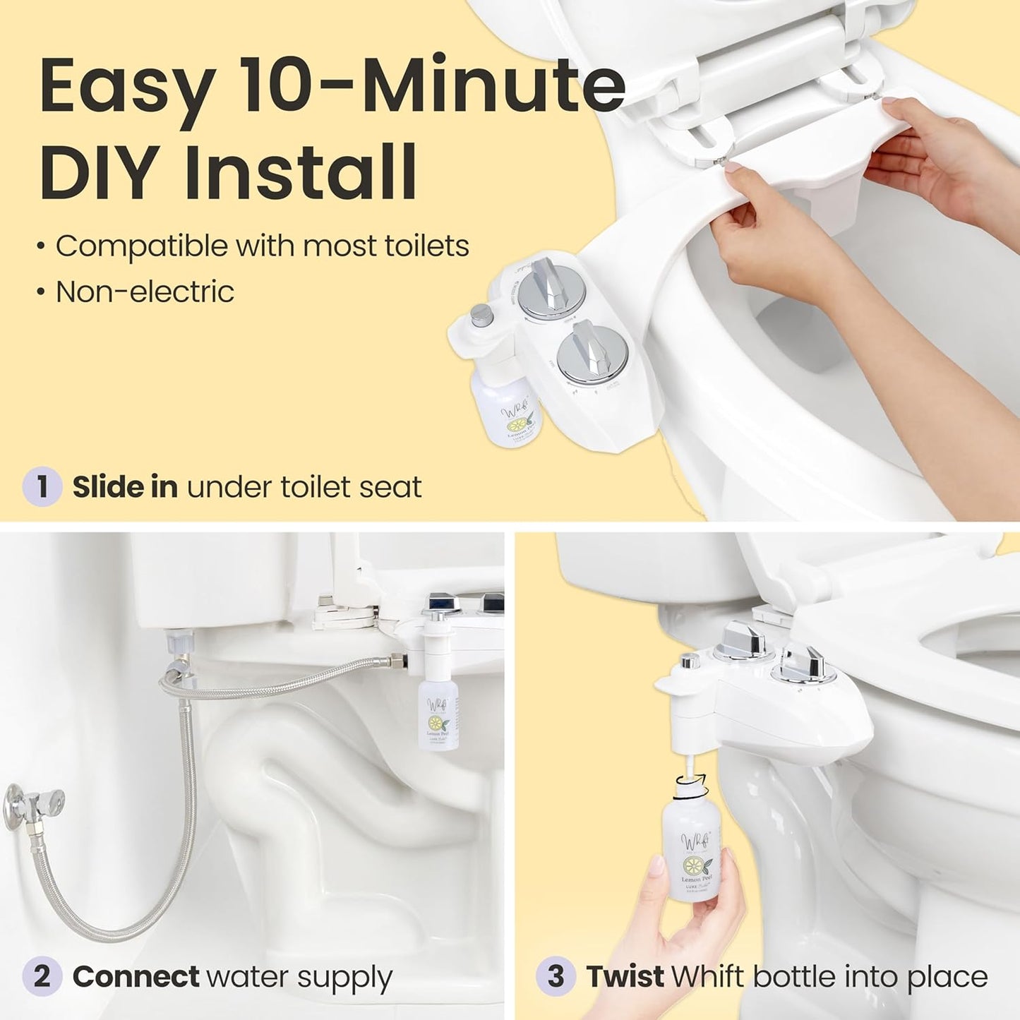 Whift 185 Bidet With Built-In Deodorizing Spray, Non-Electric Cold Water Bidet Attachment For Toilet Seat, Lemon Spray Included, Easy Slide-In Install, Rear & Feminine Wash (Chrome)