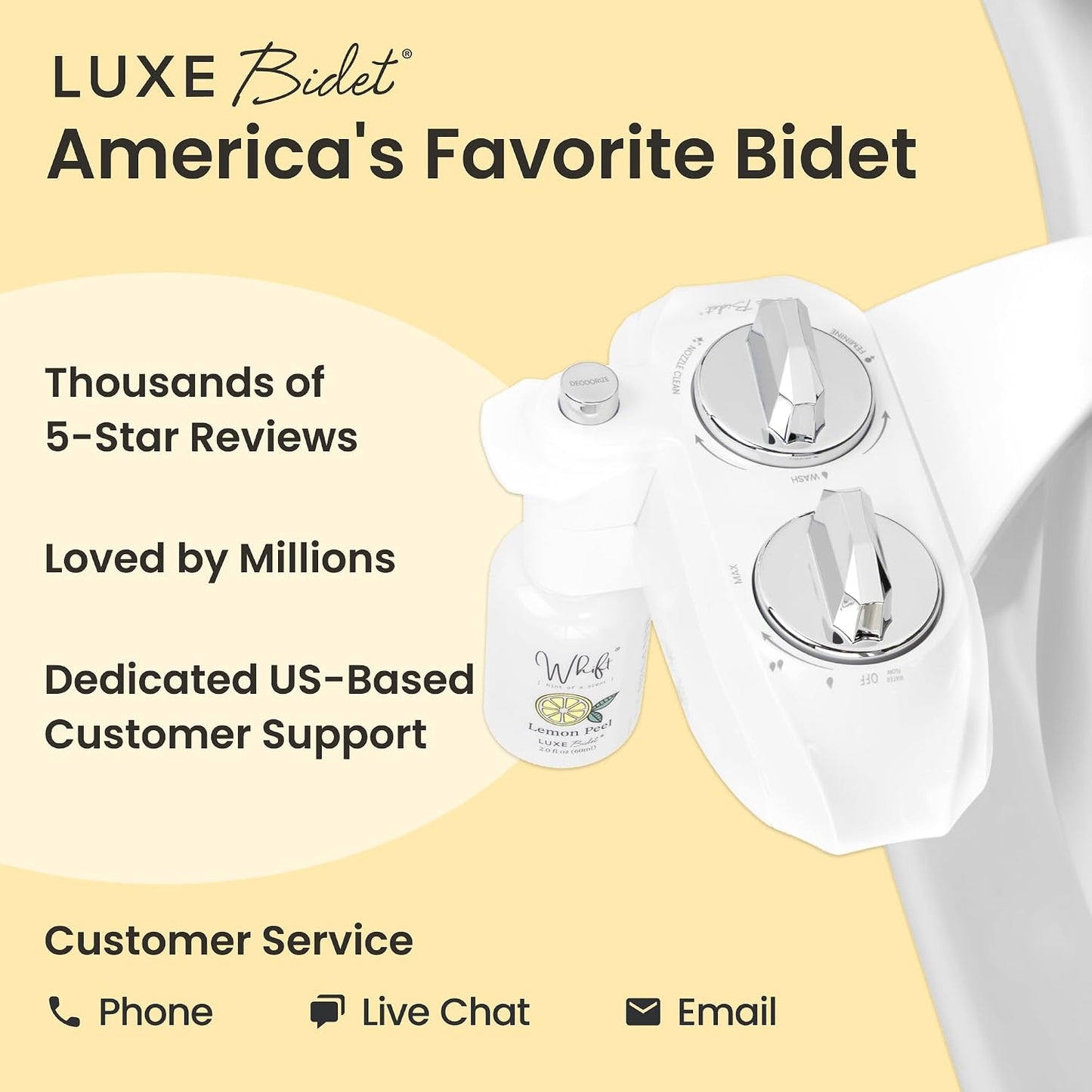 Whift 185 Bidet With Built-In Deodorizing Spray, Non-Electric Cold Water Bidet Attachment For Toilet Seat, Lemon Spray Included, Easy Slide-In Install, Rear & Feminine Wash (Chrome)