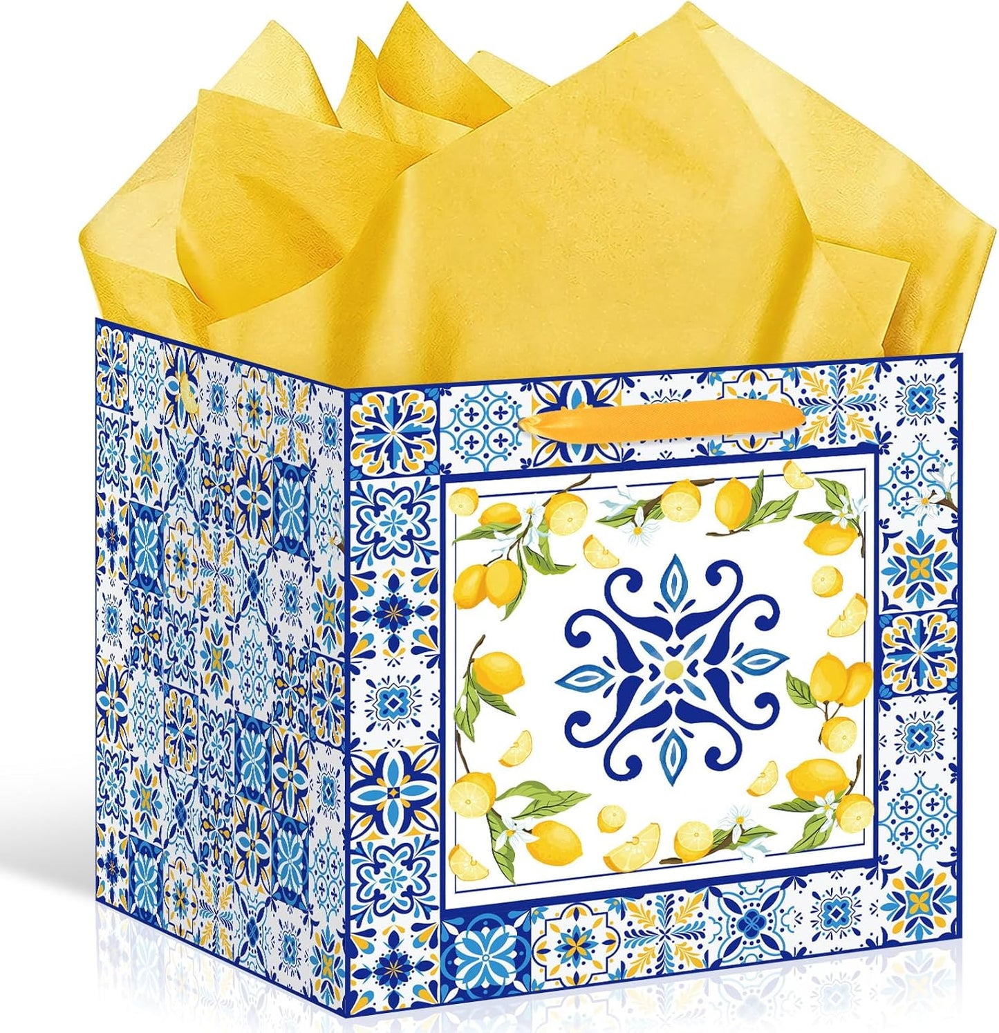 Large Lemon Gift Bag with Yellow Tissue Paper Mediterranean Blue Tile Wrapping Bags for Women Amalfi Coast Style 11.8In Square for Bridal Shower Birthday Italian Majolica Wedding Welcome Summer Party