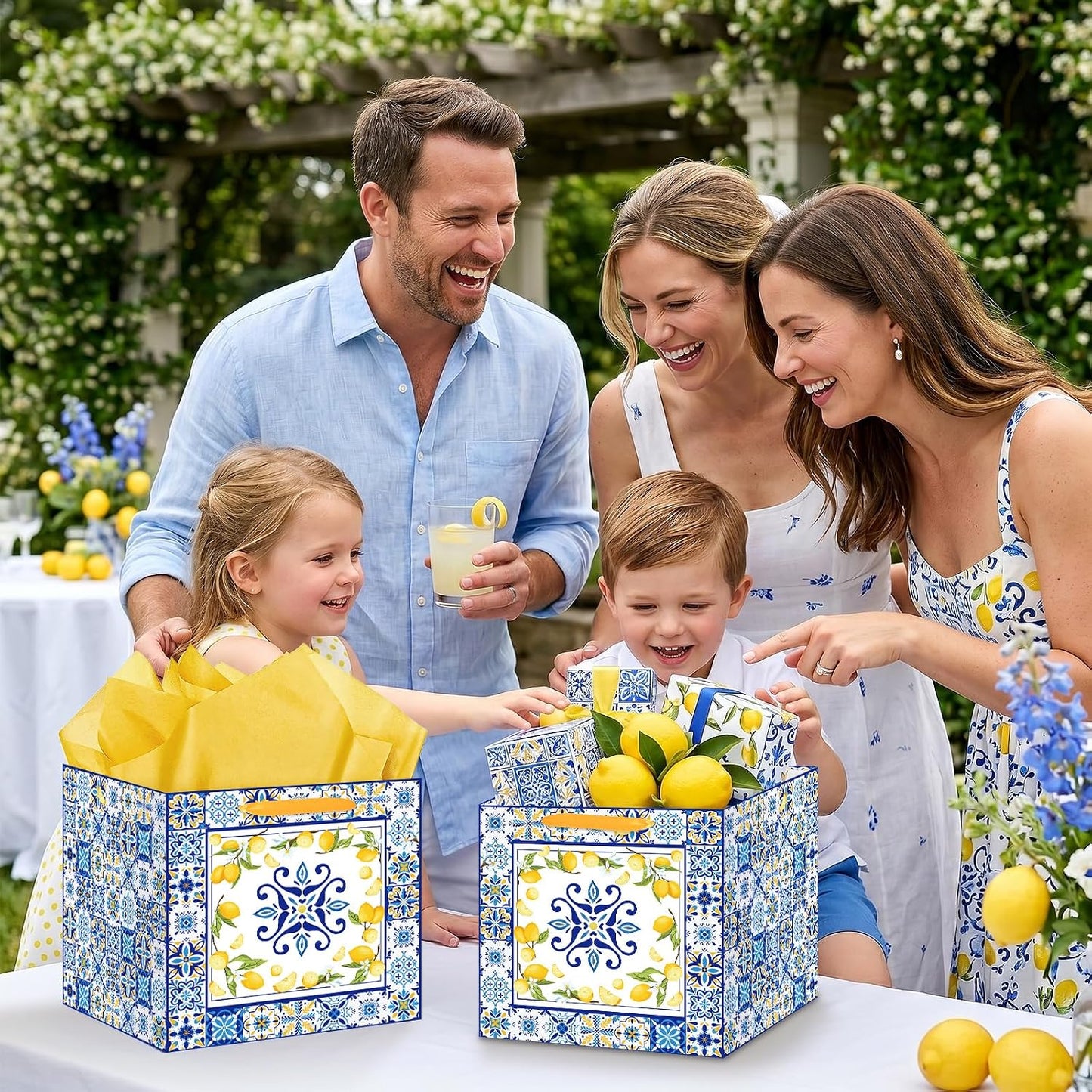 Large Lemon Gift Bag with Yellow Tissue Paper Mediterranean Blue Tile Wrapping Bags for Women Amalfi Coast Style 11.8In Square for Bridal Shower Birthday Italian Majolica Wedding Welcome Summer Party
