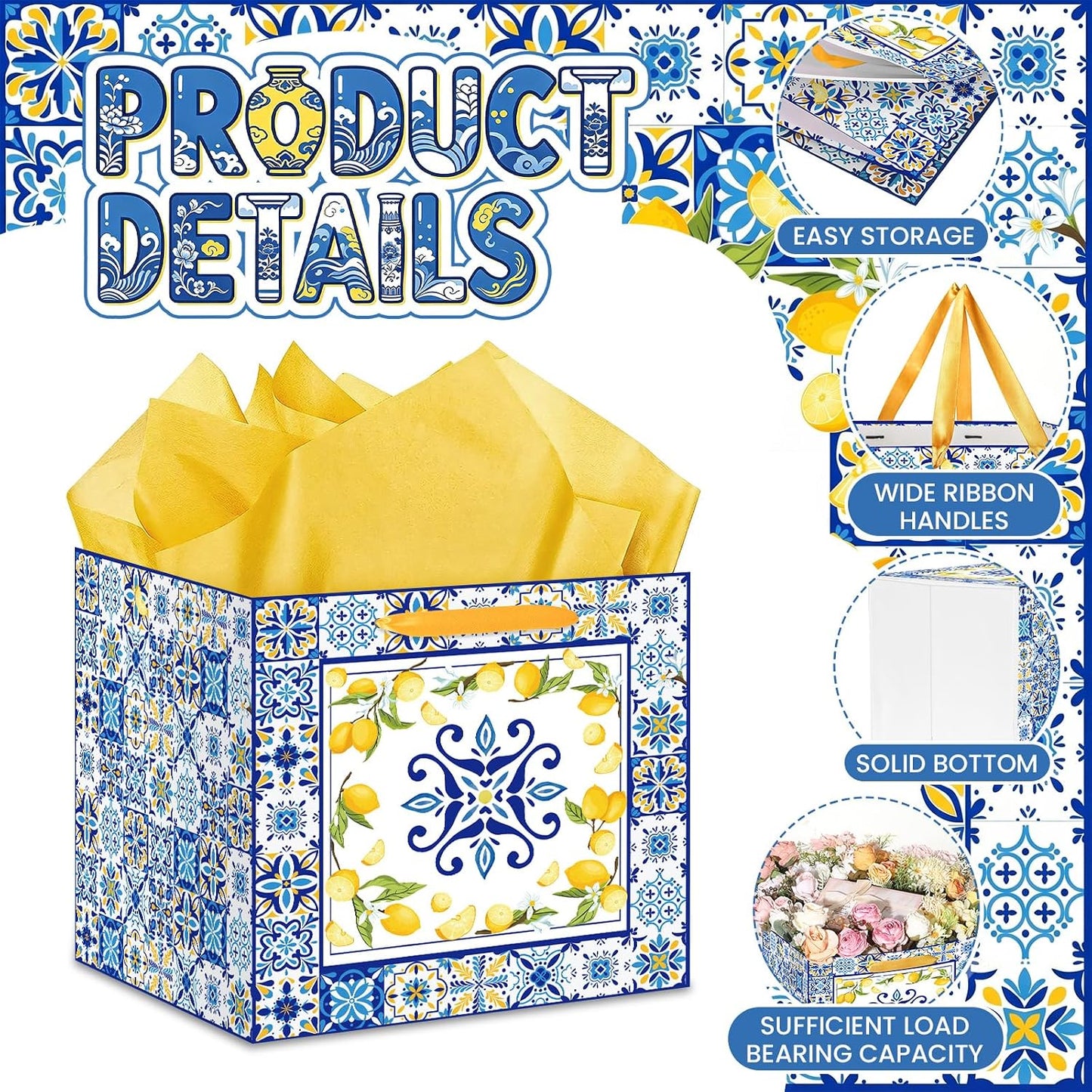 Large Lemon Gift Bag with Yellow Tissue Paper Mediterranean Blue Tile Wrapping Bags for Women Amalfi Coast Style 11.8In Square for Bridal Shower Birthday Italian Majolica Wedding Welcome Summer Party
