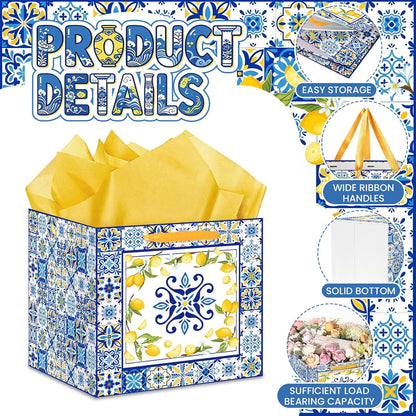 Large Lemon Gift Bag with Yellow Tissue Paper Mediterranean Blue Tile Wrapping Bags for Women Amalfi Coast Style 11.8In Square for Bridal Shower Birthday Italian Majolica Wedding Welcome Summer Party