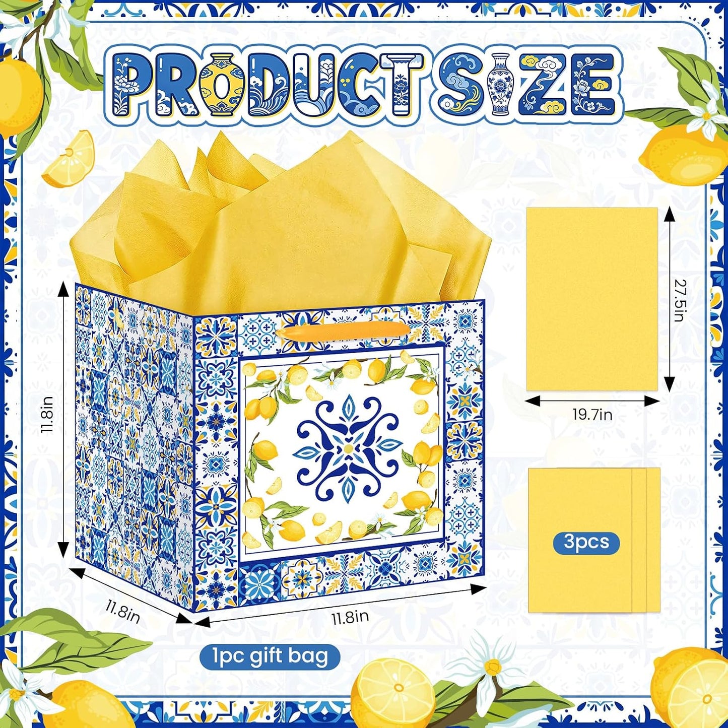 Large Lemon Gift Bag with Yellow Tissue Paper Mediterranean Blue Tile Wrapping Bags for Women Amalfi Coast Style 11.8In Square for Bridal Shower Birthday Italian Majolica Wedding Welcome Summer Party