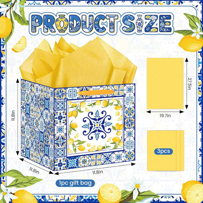 Large Lemon Gift Bag with Yellow Tissue Paper Mediterranean Blue Tile Wrapping Bags for Women Amalfi Coast Style 11.8In Square for Bridal Shower Birthday Italian Majolica Wedding Welcome Summer Party