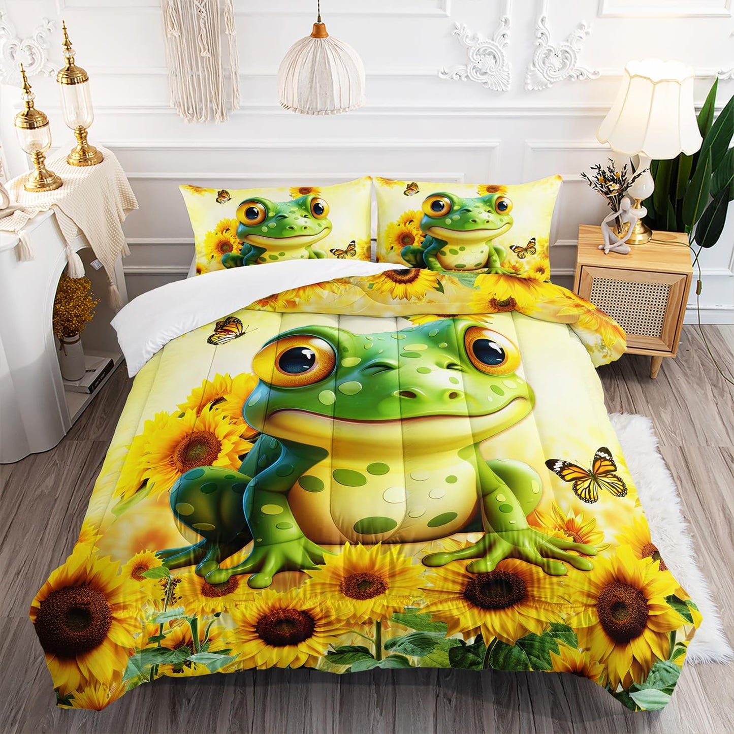 Cartoon Green Frog Comforter 3Pcs Queen Yellow Sunflower Butterflies Bedding Set for Kid Teen Girl Boy Adult 3D Wild Animal Botanical Pattern Quilt Bed Decor with 1 Comforter and 2 Pillowcases