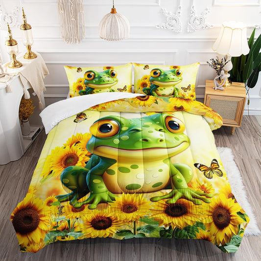 Cartoon Green Frog Comforter 3Pcs Queen Yellow Sunflower Butterflies Bedding Set for Kid Teen Girl Boy Adult 3D Wild Animal Botanical Pattern Quilt Bed Decor with 1 Comforter and 2 Pillowcases