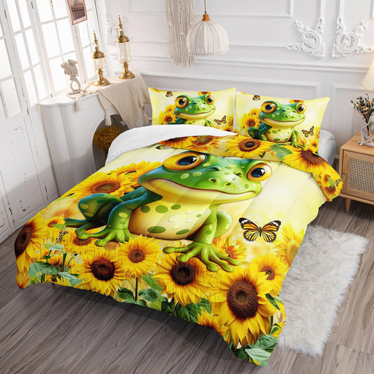 Cartoon Green Frog Comforter 3Pcs Queen Yellow Sunflower Butterflies Bedding Set for Kid Teen Girl Boy Adult 3D Wild Animal Botanical Pattern Quilt Bed Decor with 1 Comforter and 2 Pillowcases