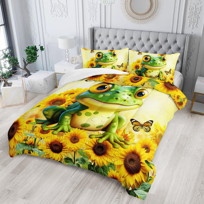 Cartoon Green Frog Comforter 3Pcs Queen Yellow Sunflower Butterflies Bedding Set for Kid Teen Girl Boy Adult 3D Wild Animal Botanical Pattern Quilt Bed Decor with 1 Comforter and 2 Pillowcases