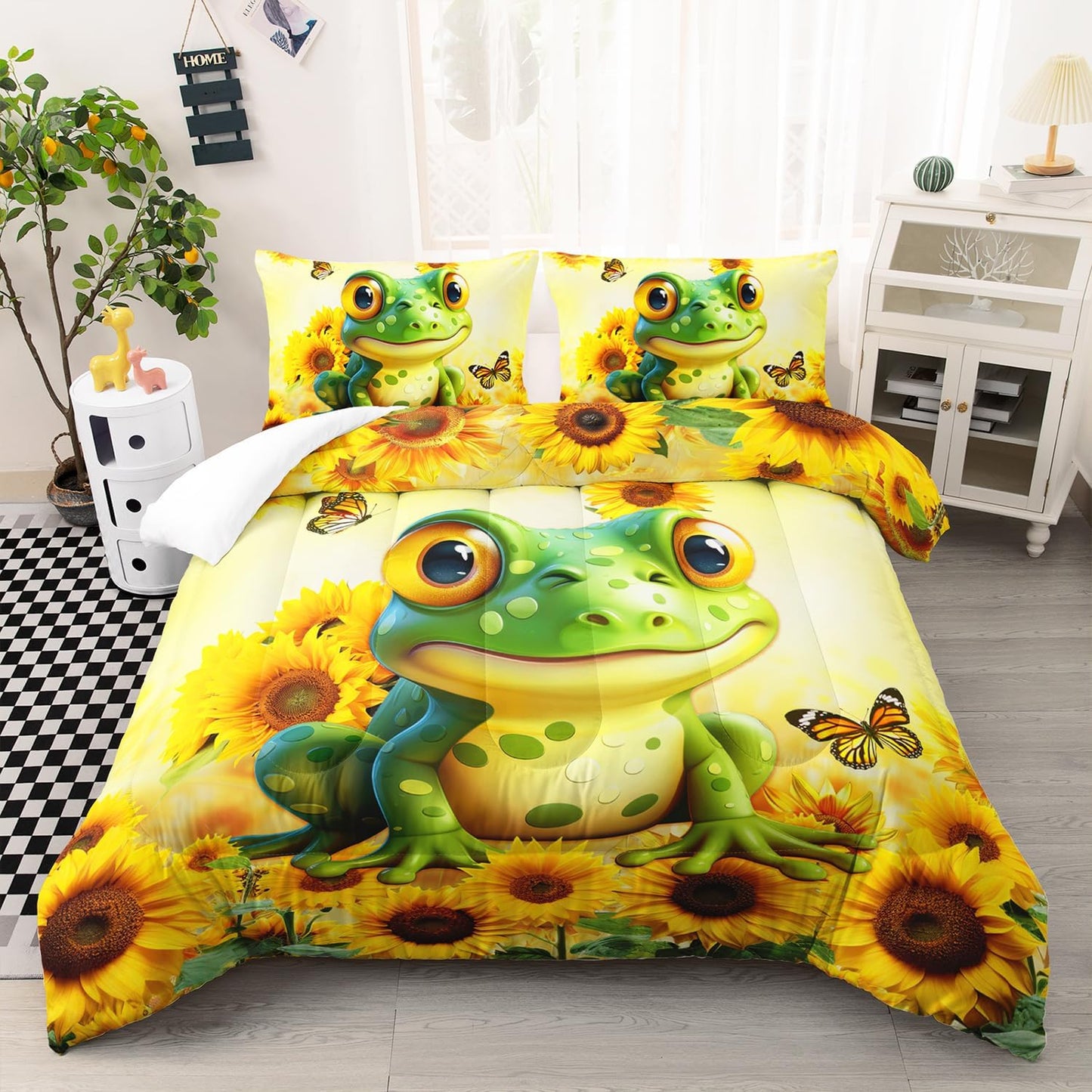 Cartoon Green Frog Comforter 3Pcs Queen Yellow Sunflower Butterflies Bedding Set for Kid Teen Girl Boy Adult 3D Wild Animal Botanical Pattern Quilt Bed Decor with 1 Comforter and 2 Pillowcases