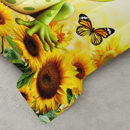 Cartoon Green Frog Comforter 3Pcs Queen Yellow Sunflower Butterflies Bedding Set for Kid Teen Girl Boy Adult 3D Wild Animal Botanical Pattern Quilt Bed Decor with 1 Comforter and 2 Pillowcases