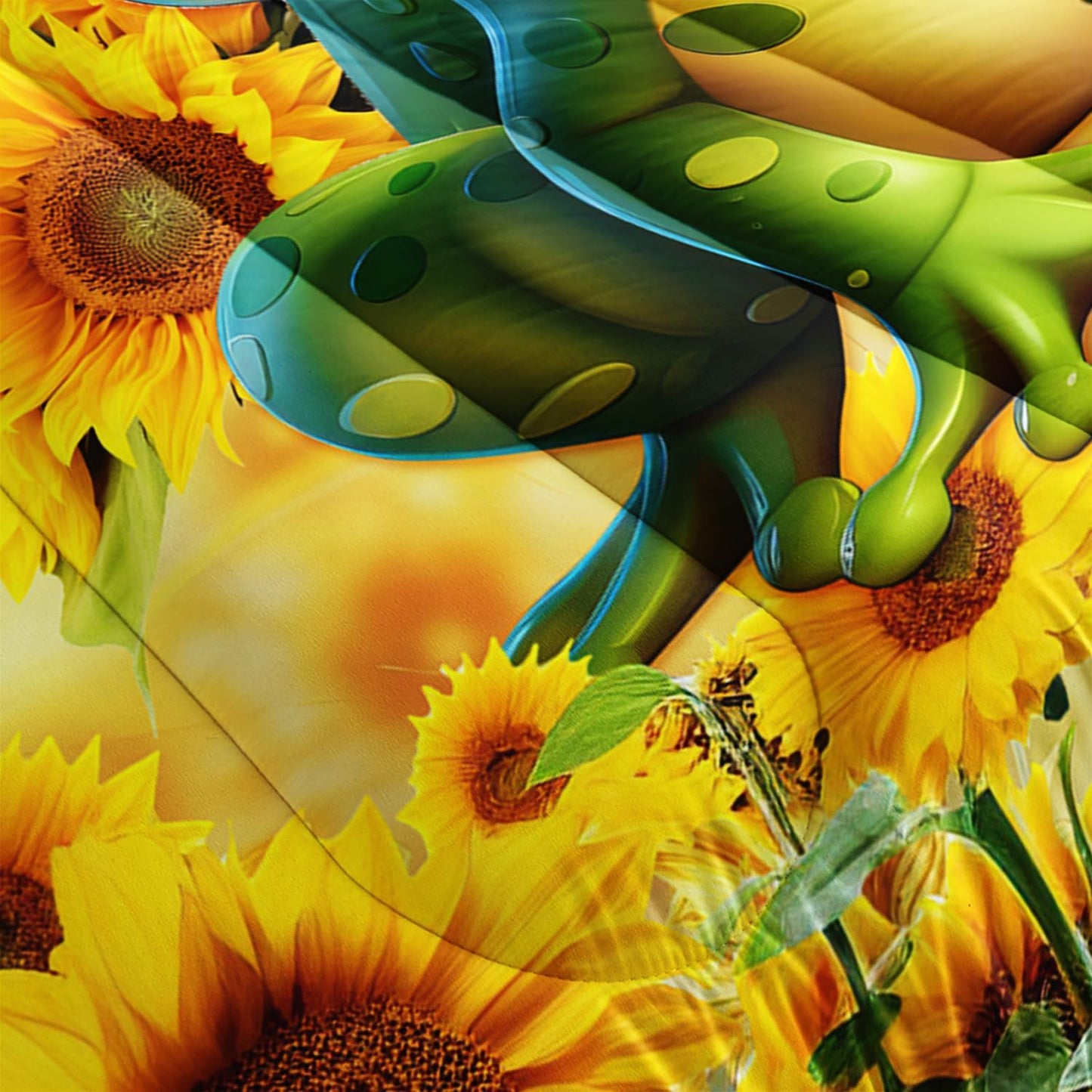 Cartoon Green Frog Comforter 3Pcs Queen Yellow Sunflower Butterflies Bedding Set for Kid Teen Girl Boy Adult 3D Wild Animal Botanical Pattern Quilt Bed Decor with 1 Comforter and 2 Pillowcases