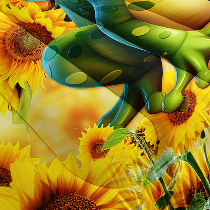 Cartoon Green Frog Comforter 3Pcs Queen Yellow Sunflower Butterflies Bedding Set for Kid Teen Girl Boy Adult 3D Wild Animal Botanical Pattern Quilt Bed Decor with 1 Comforter and 2 Pillowcases