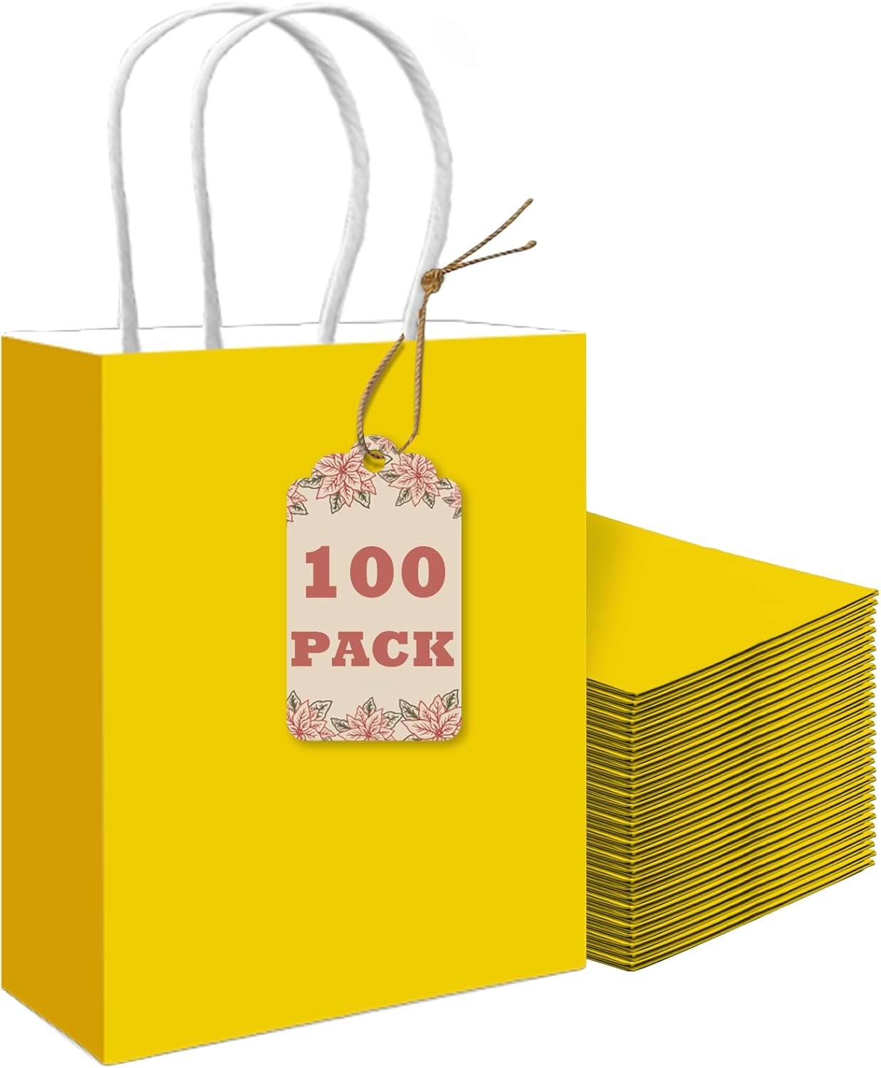 100PCS Gift Bag with Handles Bulk Bright Yellow Paper Bags Multiple Uses (8.3"x3"x6"inch Small Size)