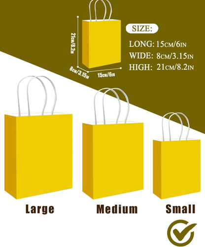 100PCS Gift Bag with Handles Bulk Bright Yellow Paper Bags Multiple Uses (8.3"x3"x6"inch Small Size)