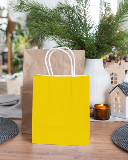 100PCS Gift Bag with Handles Bulk Bright Yellow Paper Bags Multiple Uses (8.3"x3"x6"inch Small Size)