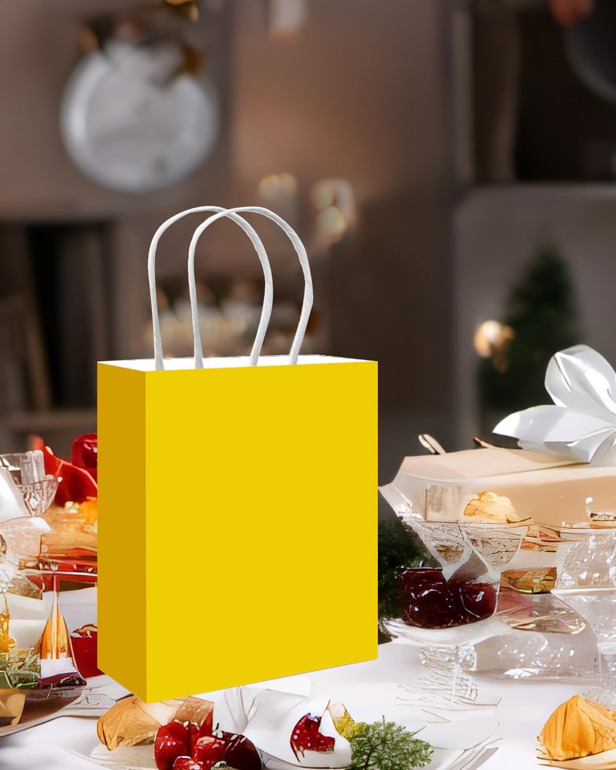 100PCS Gift Bag with Handles Bulk Bright Yellow Paper Bags Multiple Uses (8.3"x3"x6"inch Small Size)