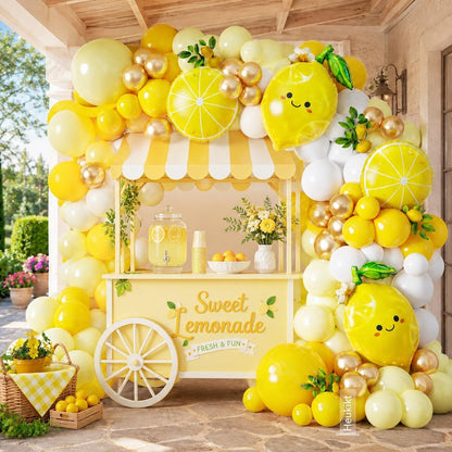 Yellow Lemon Balloon Arch Kit, 140Pcs Pastel Yellow Gold White Balloons Garland with Lemonade Mylar Balloon for Summer Fruit Main Squeeze Bridal Shower Brithday Freshly Graduation Party Decorations