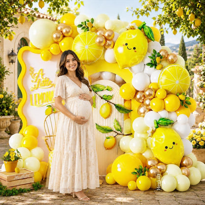 Yellow Lemon Balloon Arch Kit, 140Pcs Pastel Yellow Gold White Balloons Garland with Lemonade Mylar Balloon for Summer Fruit Main Squeeze Bridal Shower Brithday Freshly Graduation Party Decorations