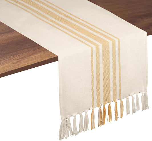 Yellow Table Runner 72 Inches Long - Striped Table Cover with Fringes - 100% Cotton, Soft, Tight Weave, Non Slip Tablerunner for Dining, Wedding - Pale Yellow, White (14x72 inches)