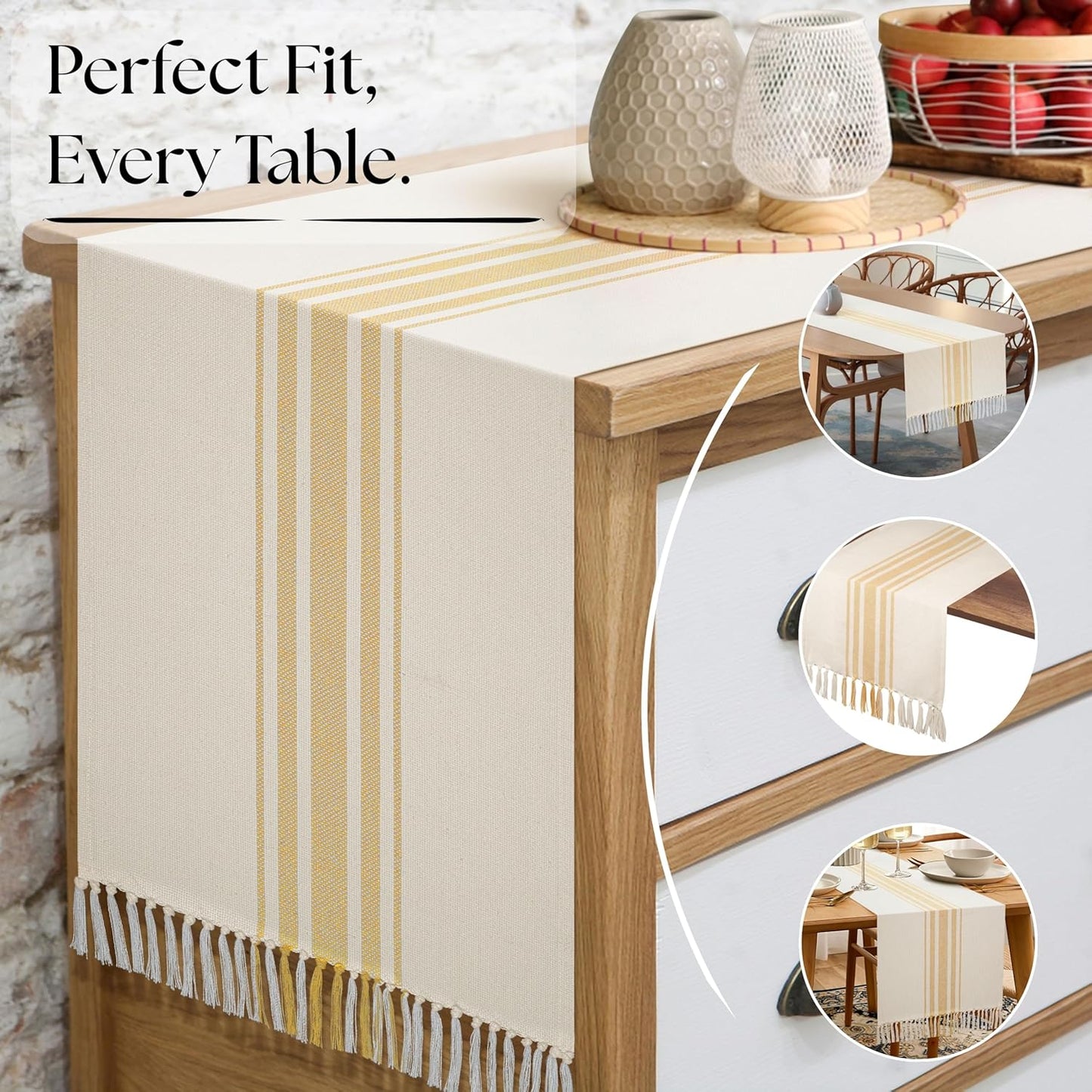Yellow Table Runner 72 Inches Long - Striped Table Cover with Fringes - 100% Cotton, Soft, Tight Weave, Non Slip Tablerunner for Dining, Wedding - Pale Yellow, White (14x72 inches)