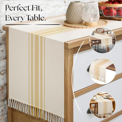 Yellow Table Runner 72 Inches Long - Striped Table Cover with Fringes - 100% Cotton, Soft, Tight Weave, Non Slip Tablerunner for Dining, Wedding - Pale Yellow, White (14x72 inches)