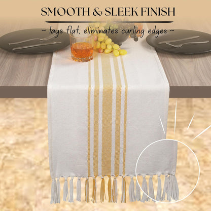Yellow Table Runner 72 Inches Long - Striped Table Cover with Fringes - 100% Cotton, Soft, Tight Weave, Non Slip Tablerunner for Dining, Wedding - Pale Yellow, White (14x72 inches)