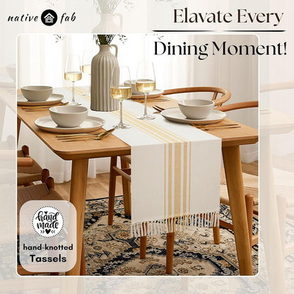 Yellow Table Runner 72 Inches Long - Striped Table Cover with Fringes - 100% Cotton, Soft, Tight Weave, Non Slip Tablerunner for Dining, Wedding - Pale Yellow, White (14x72 inches)