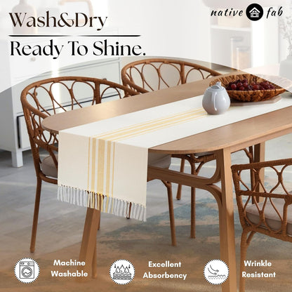 Yellow Table Runner 72 Inches Long - Striped Table Cover with Fringes - 100% Cotton, Soft, Tight Weave, Non Slip Tablerunner for Dining, Wedding - Pale Yellow, White (14x72 inches)