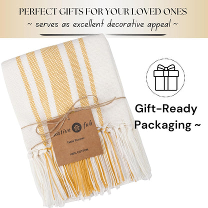Yellow Table Runner 72 Inches Long - Striped Table Cover with Fringes - 100% Cotton, Soft, Tight Weave, Non Slip Tablerunner for Dining, Wedding - Pale Yellow, White (14x72 inches)