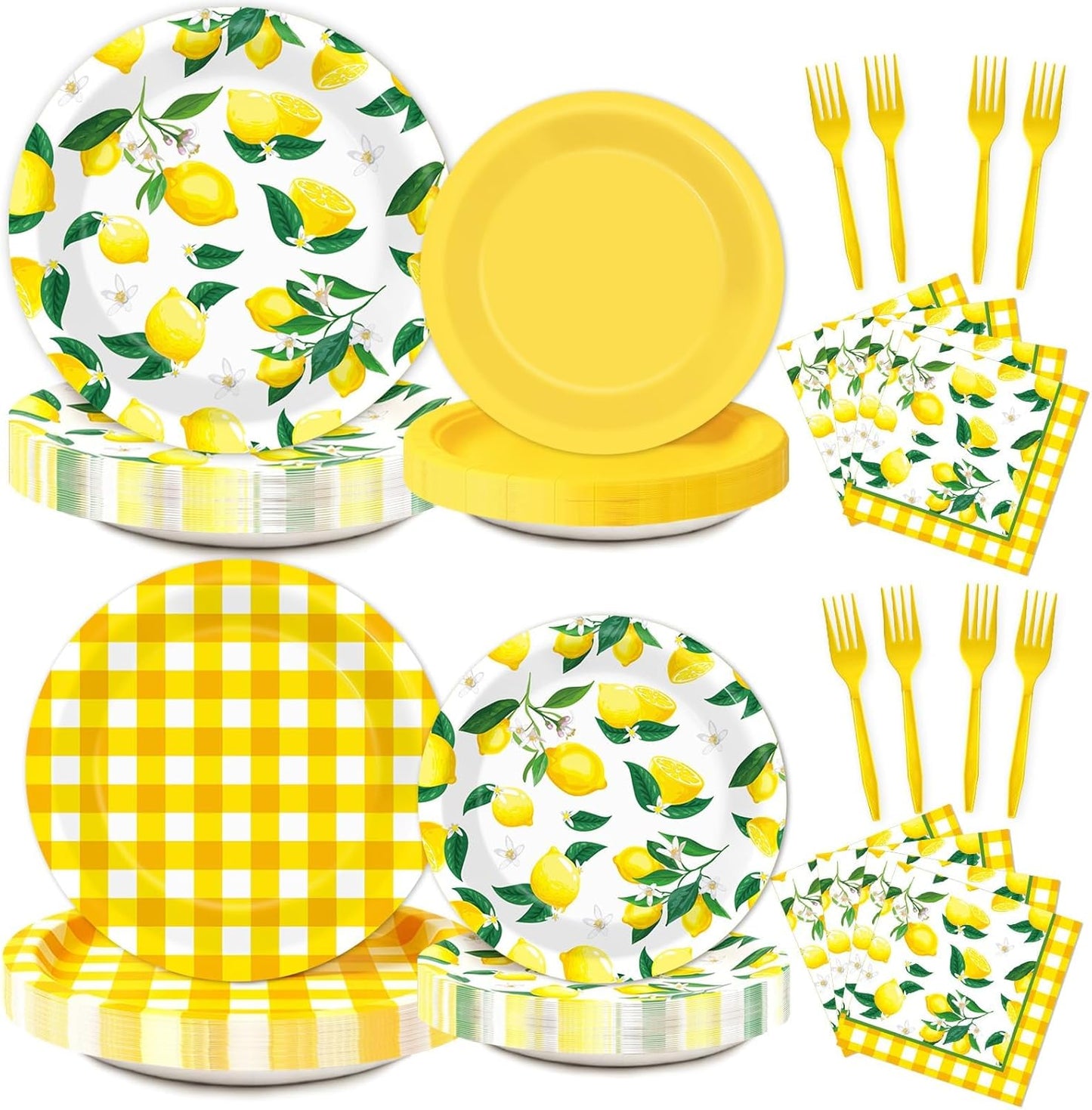 96Pcs Lemon Birthday Party Decorations Lemon Plates and Napkins Yellow Plaid Paper Plates Citrus Fruit Disposable Tableware for Summer Wedding Baby Shower Party Decoration Serve 24 Lemons