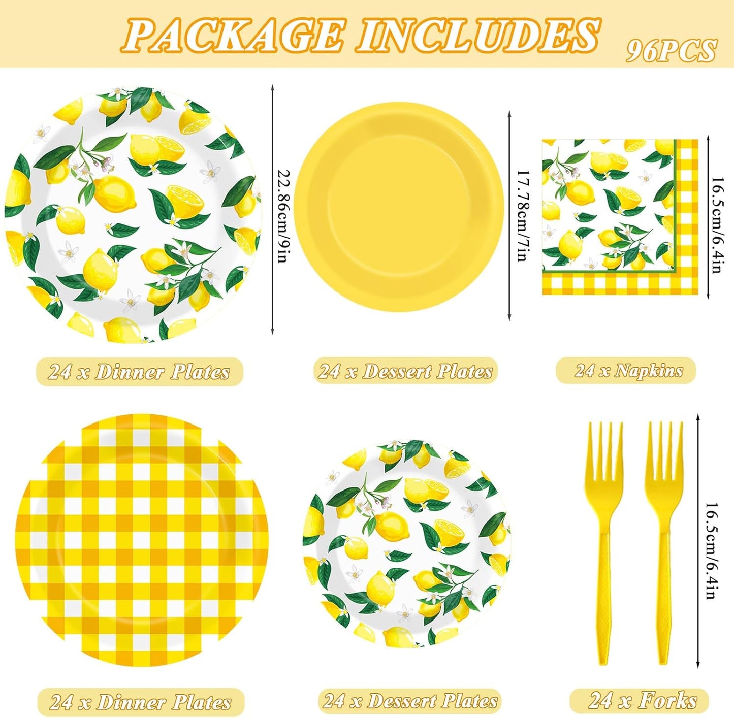 96Pcs Lemon Birthday Party Decorations Lemon Plates and Napkins Yellow Plaid Paper Plates Citrus Fruit Disposable Tableware for Summer Wedding Baby Shower Party Decoration Serve 24 Lemons