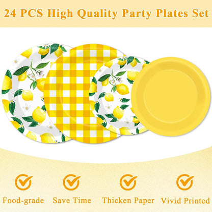 96Pcs Lemon Birthday Party Decorations Lemon Plates and Napkins Yellow Plaid Paper Plates Citrus Fruit Disposable Tableware for Summer Wedding Baby Shower Party Decoration Serve 24 Lemons