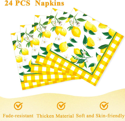 96Pcs Lemon Birthday Party Decorations Lemon Plates and Napkins Yellow Plaid Paper Plates Citrus Fruit Disposable Tableware for Summer Wedding Baby Shower Party Decoration Serve 24 Lemons