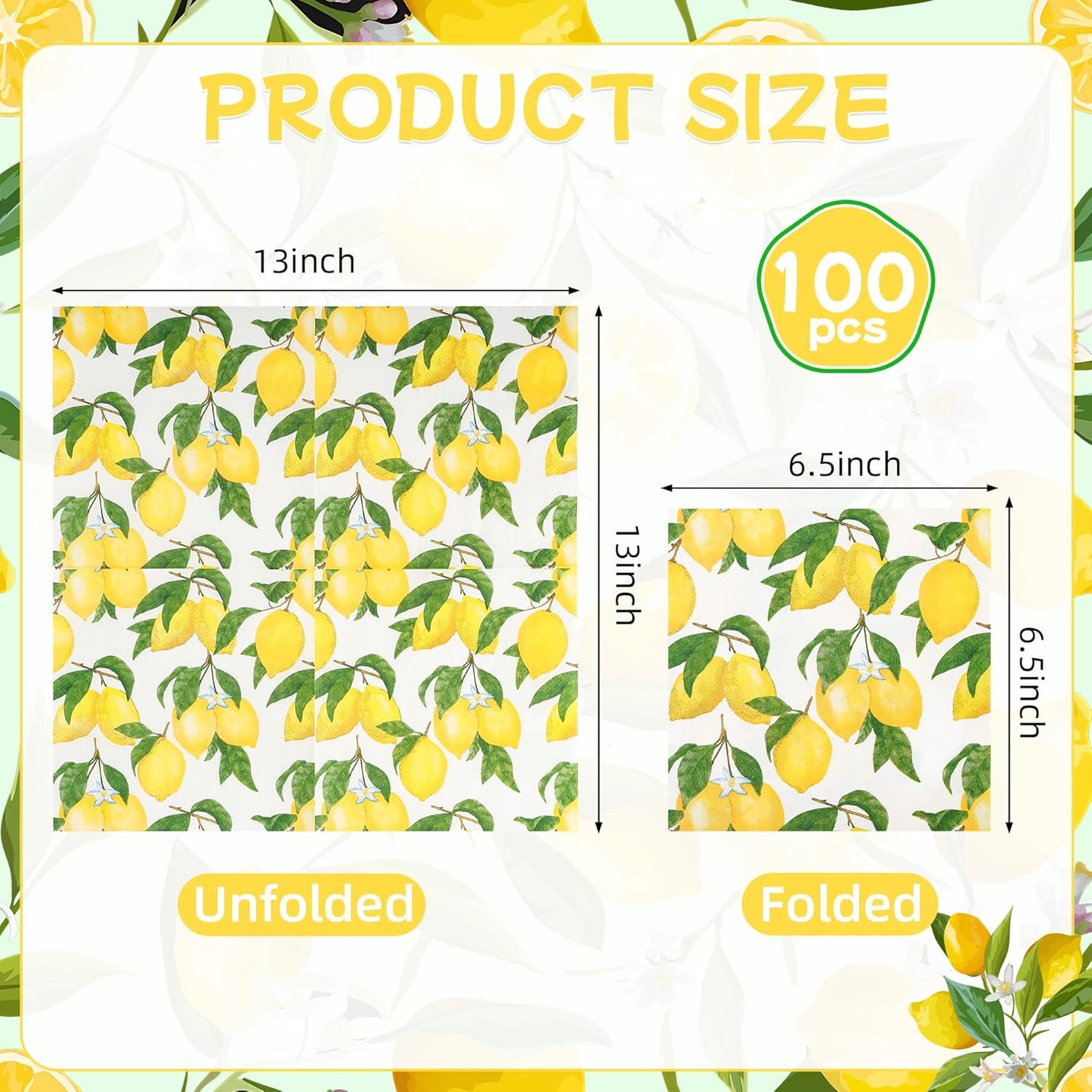 100Pcs Lemon Paper Napkins Yellow Citrus Fruit Party Napkin 6.5in | Summer Bright Botanic Disposable Hand Towel for Birthday Bridal Baby Shower Party Supplies