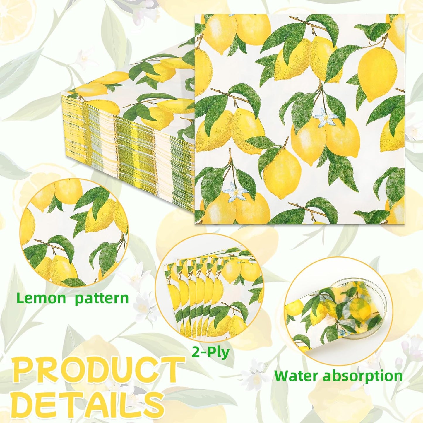 100Pcs Lemon Paper Napkins Yellow Citrus Fruit Party Napkin 6.5in | Summer Bright Botanic Disposable Hand Towel for Birthday Bridal Baby Shower Party Supplies