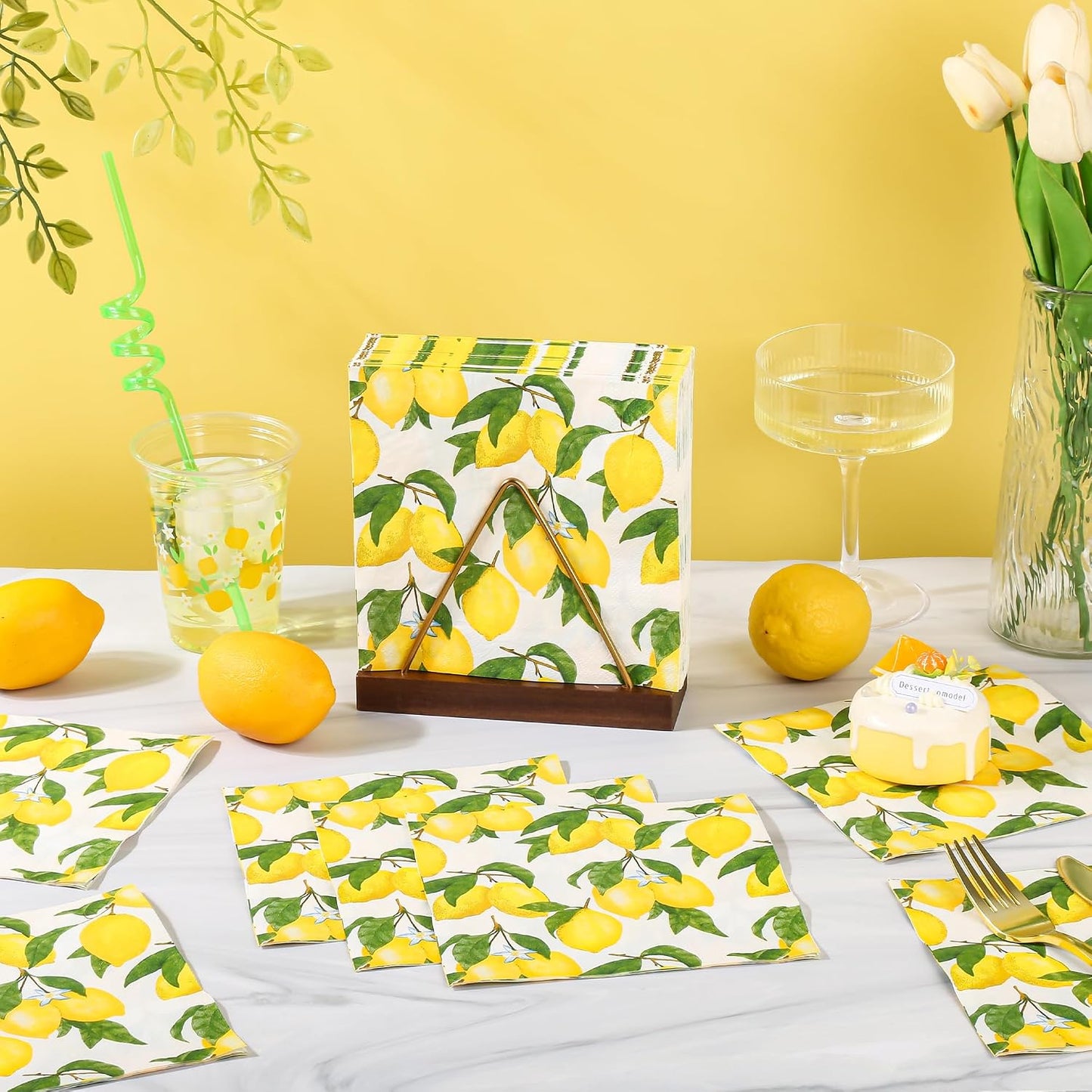 100Pcs Lemon Paper Napkins Yellow Citrus Fruit Party Napkin 6.5in | Summer Bright Botanic Disposable Hand Towel for Birthday Bridal Baby Shower Party Supplies