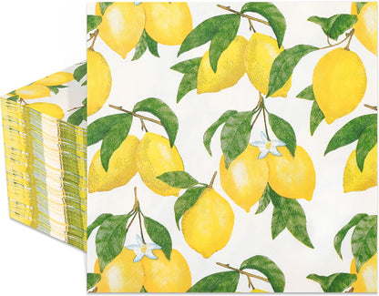 100Pcs Lemon Paper Napkins Yellow Citrus Fruit Party Napkin 6.5in | Summer Bright Botanic Disposable Hand Towel for Birthday Bridal Baby Shower Party Supplies