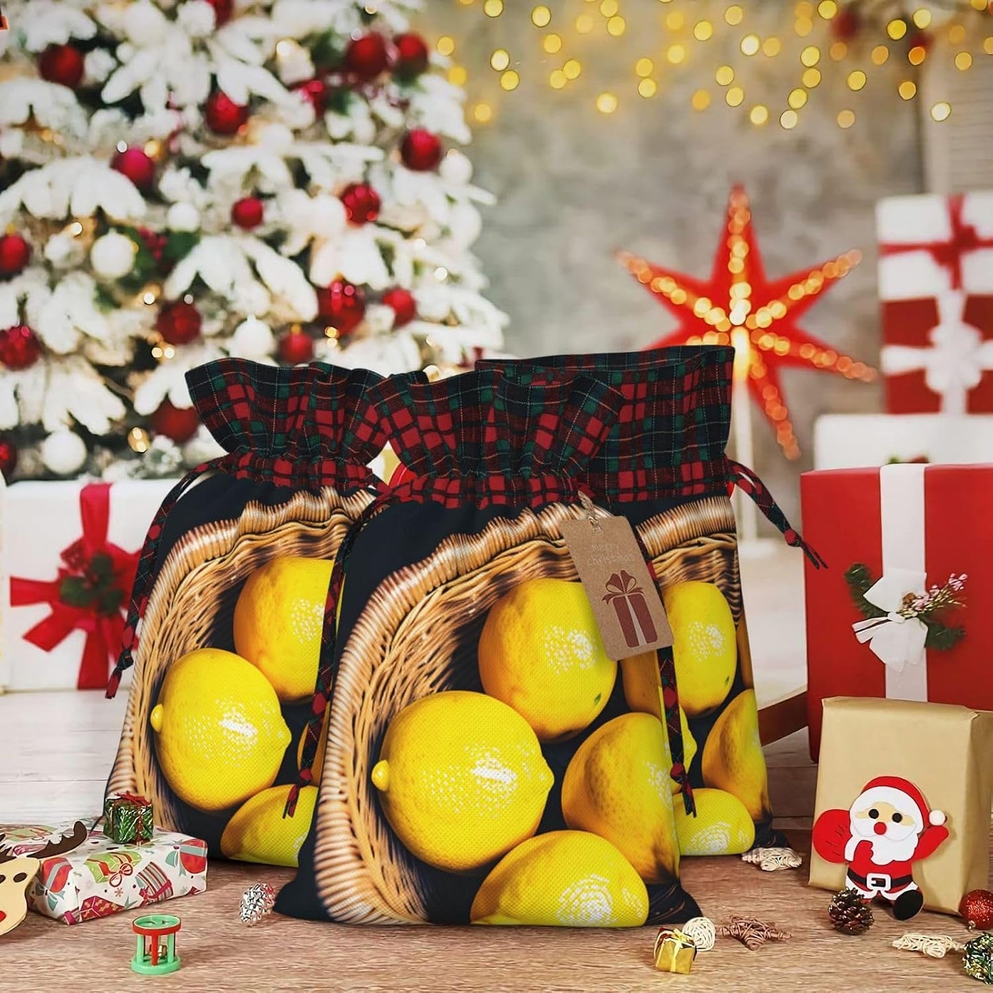 Gift With Basket Lemons Print Drawstring Bag For Wrapping Birthday Wedding Household Use