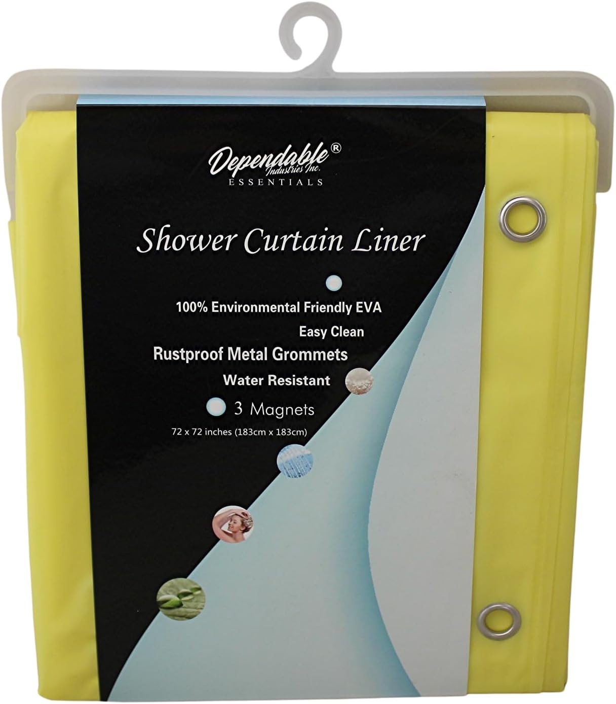 inc. Essentials EVA Shower Curtain Liner - Water-Resistant, Rustproof Metal Grommets, 3 Magnets Bottom, Easy Clean, 72" x 72" Size (Yellow)
